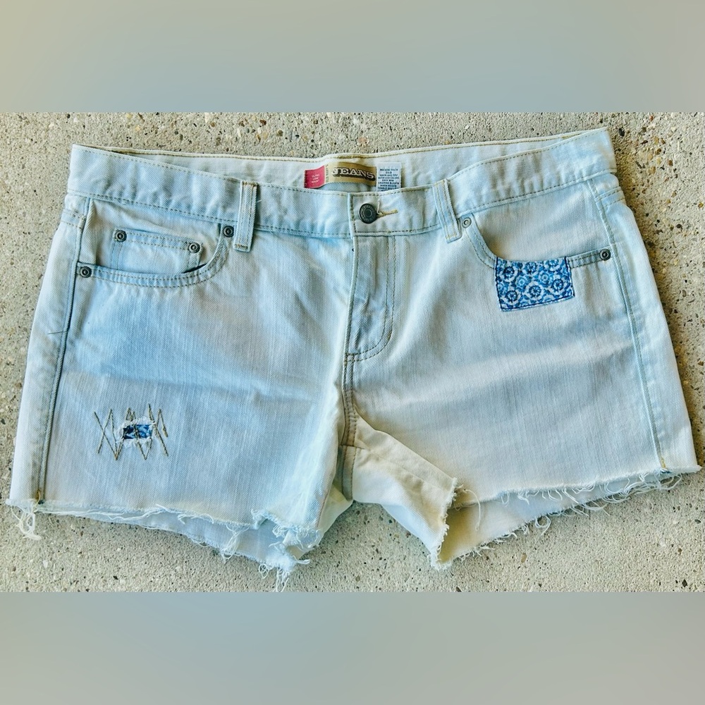 Old Navy Ultra Low Waist Light Blue Denim Cutoff Shorts with Patches
